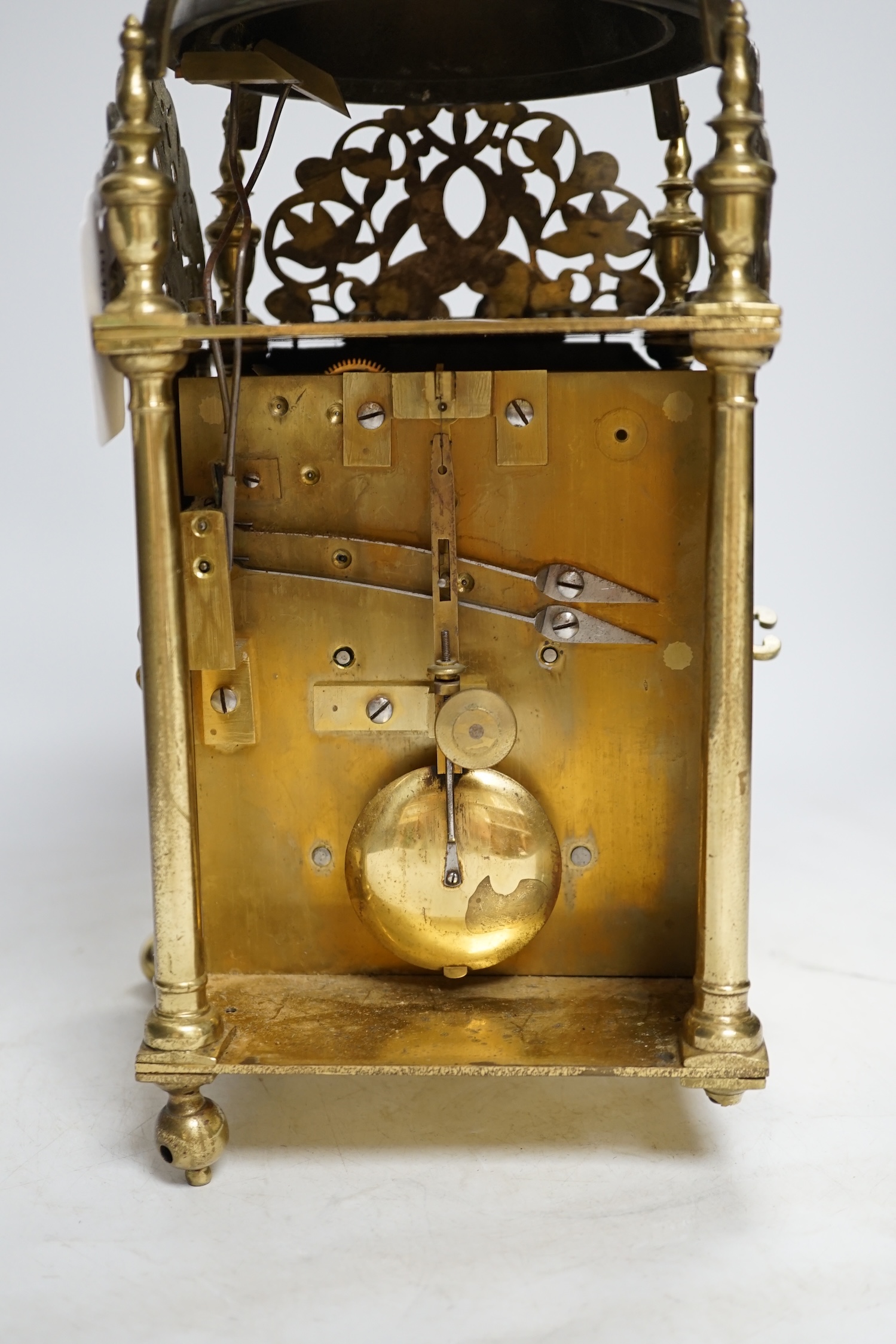 A late 19th century lantern clock with fusee movement, 37cm high. Condition - fair, not tested